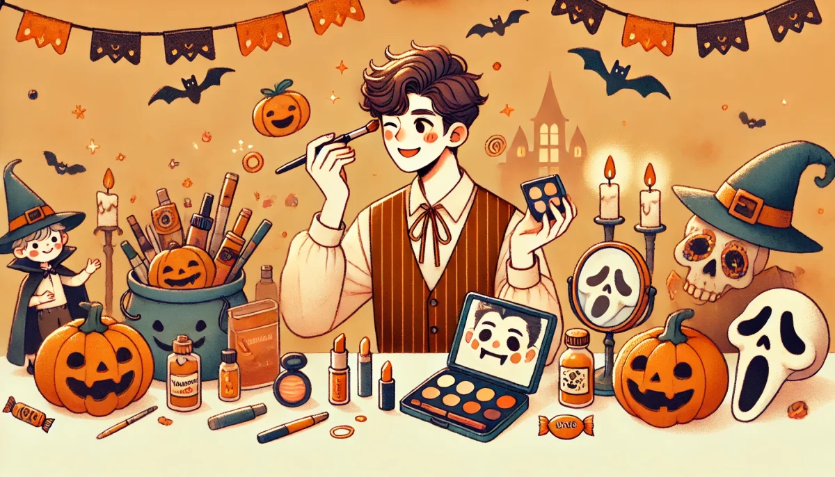 ハロウィンメイクに挑戦する男性を描いた、温かく親しみやすいイラスト。ハロウィンの装飾やテーマカラーを背景に、楽しくメイクアップを試す様子が表現されています。