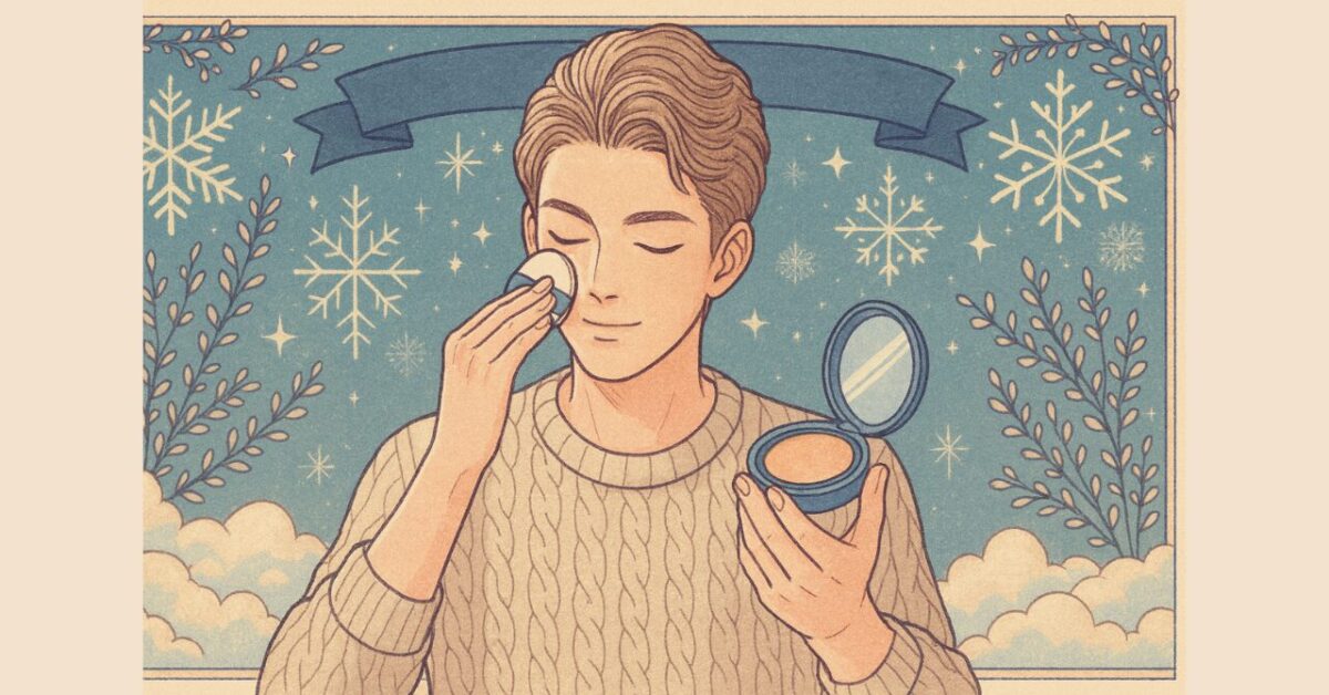 雪の結晶が舞う背景の中、ニットを着た若い男性がクッションファンデーションを頬に塗っている冬のイラスト。手にはミラー付きのファンデーションケースを持ち、穏やかな表情でスキンケアやメイクを楽しむ様子が描かれている。